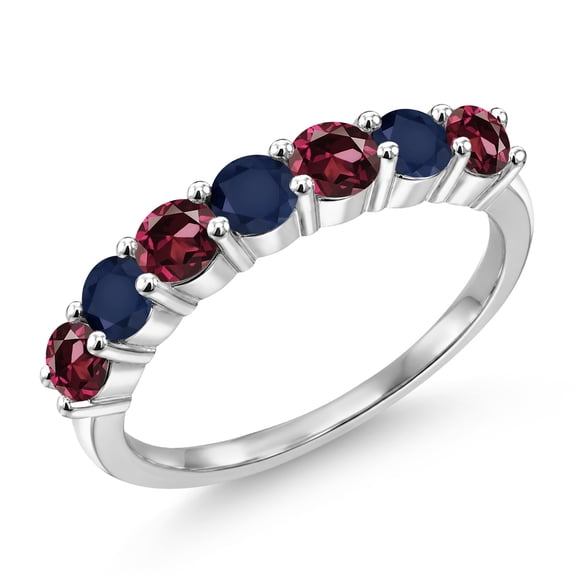 Gem Stone King 925 Sterling Silver Round Red Rhodolite Garnet Blue Sapphire Anniversary Ring for Women (1.54 Cttw, Gemstone Birthstone, Size 7)