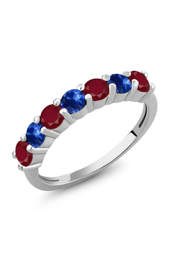 925 Sterling Silver Round Red Ruby and Blue Sapphire Anniversary Ring for Women (1.60 Cttw, Gemstone Birthstone, Available in Size 5, 6, 7, 8, 9)