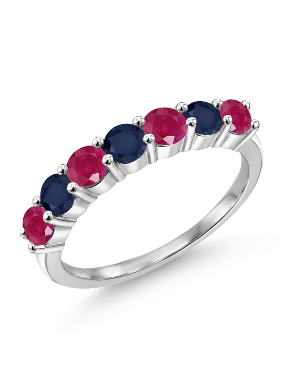 925 Sterling Silver Round Red Ruby Blue Sapphire Anniversary Ring for Women (1.66 Cttw, Gemstone Birthstone) (Size 6)