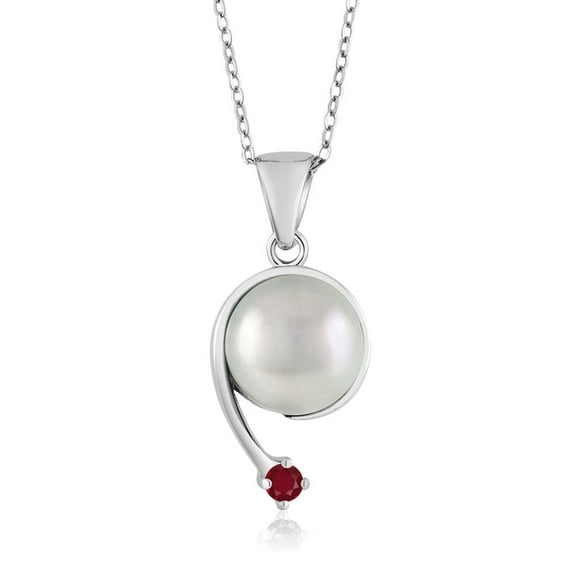 Gem Stone King 925 Sterling Silver Round Red Ruby and Cultured Freshwater Pearl Shooting Star Pendant Necklace for Women (0.12 Cttw, with 18 inch Silver Chain)