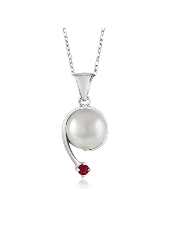 925 Sterling Silver Round Red Ruby and Cultured Freshwater Pearl Shooting Star Pendant Necklace for Women (0.12 Cttw, with 18 inch Silver Chain)