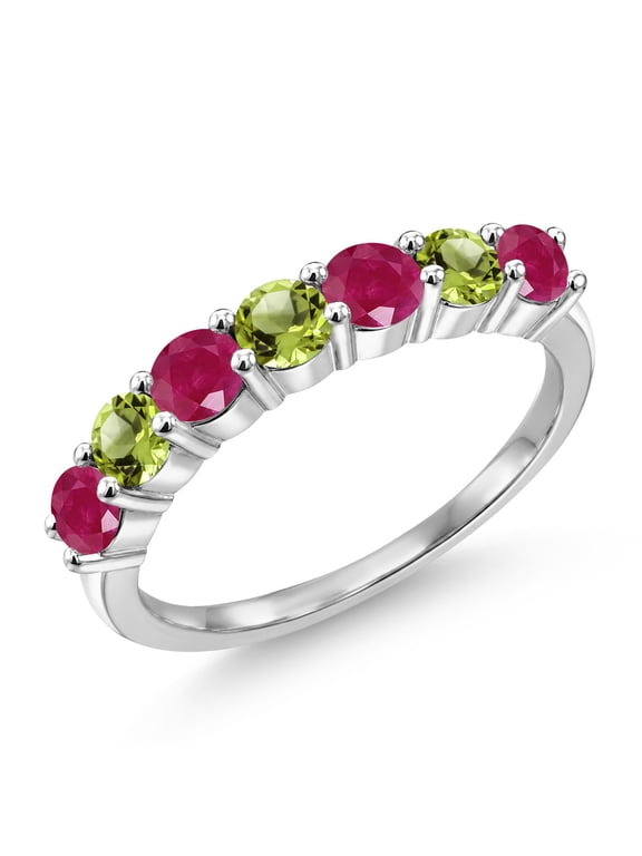 925 Sterling Silver Round Red Ruby Green Peridot Anniversary Ring for Women (1.62 Cttw, Gemstone Birthstone) (Size 7)