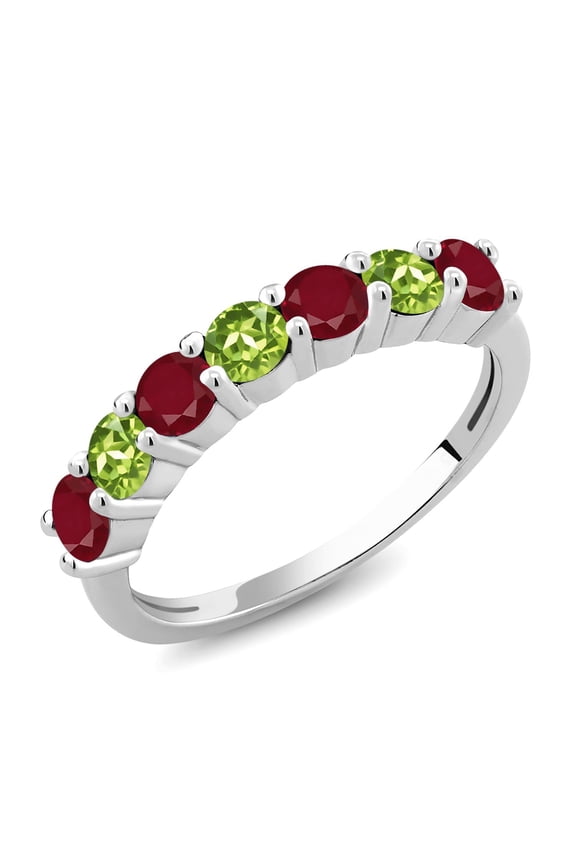 925 Sterling Silver Round Red Ruby Green Peridot Anniversary Ring for Women (1.62 Cttw, Gemstone Birthstone) (Size 7)