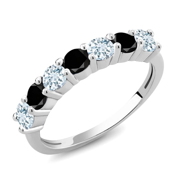 Gem Stone King 925 Sterling Silver Round Sky Blue Aquamarine Black Diamond Anniversary Ring for Women (1.19 Cttw, Gemstone Birthstone, Size 9) (Size 9)