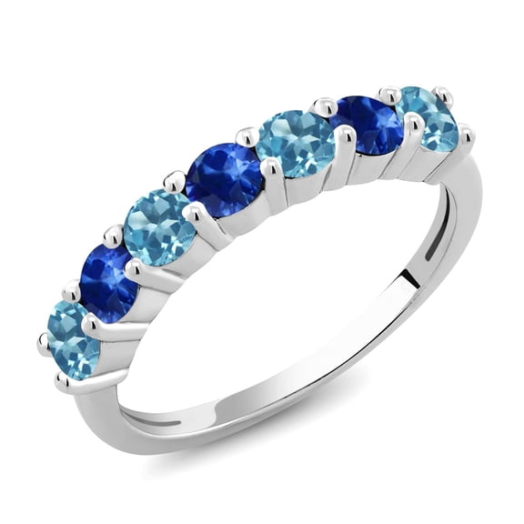 Gem Stone King 925 Sterling Silver Round Swiss Blue Topaz Blue Sapphire Anniversary Ring for Women (1.46 Cttw, Gemstone Birthstone, Size 7) (Size 7)