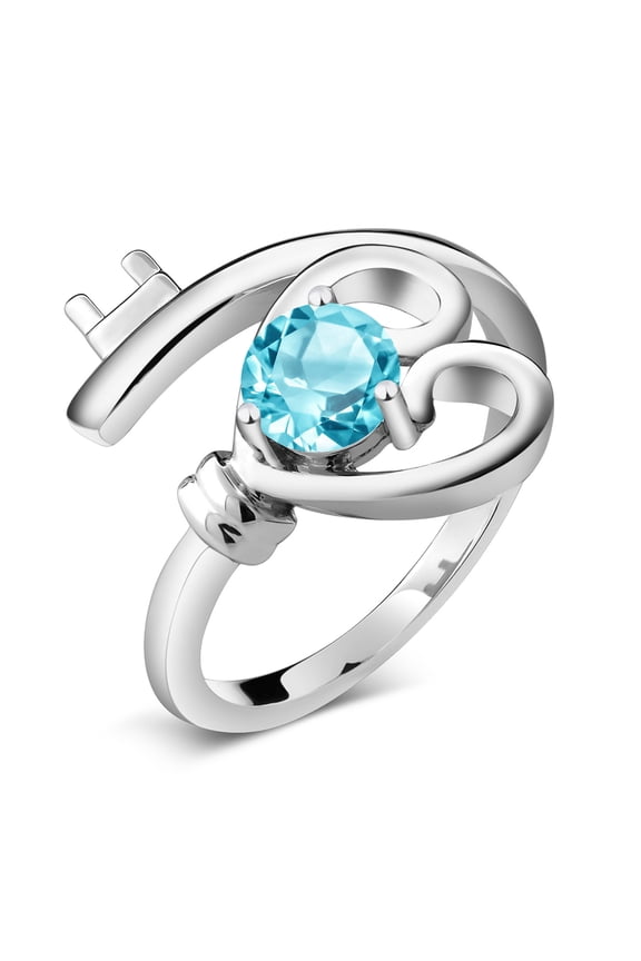 925 Sterling Silver Round Swiss Blue Topaz Heart Key Women Ring (0.50 Cttw, Gemstone Birthstone, Size 8)