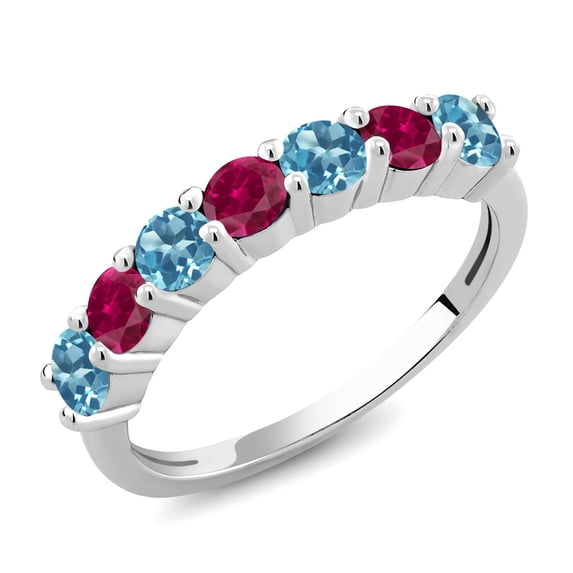 Gem Stone King 925 Sterling Silver Round Swiss Blue Topaz Red Created Ruby Anniversary Ring for Women (1.55 Cttw, Gemstone Birthstone, Size 9)