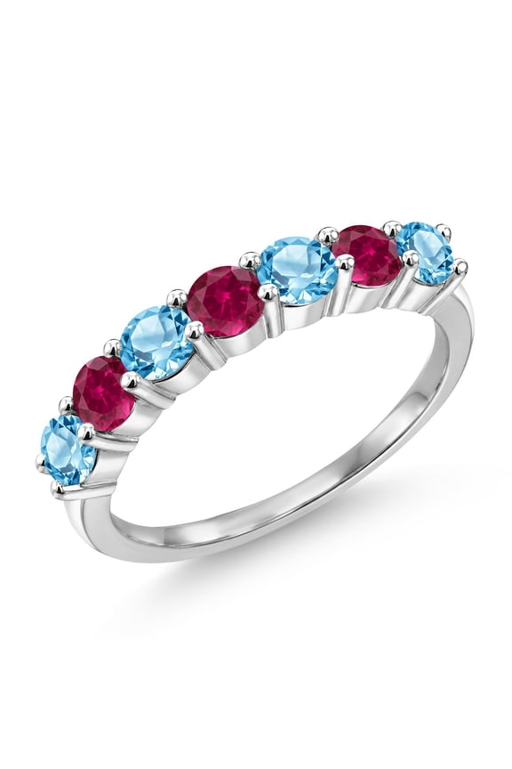 925 Sterling Silver Round Swiss Blue Topaz Red Created Ruby Anniversary Ring for Women (1.55 Cttw, Gemstone Birthstone, Size 9)