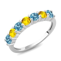 Gem Stone King 925 Sterling Silver Round Swiss Blue Topaz Yellow Sapphire Anniversary Ring for Women (1.28 Cttw, Gemstone Birthstone, Size 7) (Size 7)