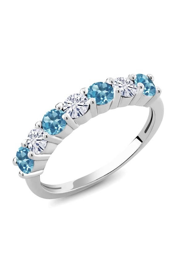 925 Sterling Silver Round Topaz and Moissanite Anniversary Ring for Women (1.28 Cttw, Gemstone Birthstone, Size 8)