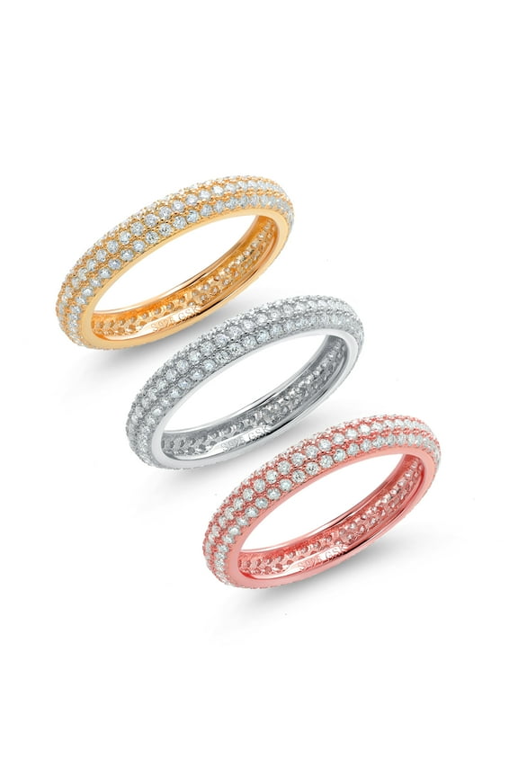 925 Sterling Silver Round White Moissanite 3 Rows Micro Pave Setting Eternity Wedding Band Set of 3 Ring for Women (1.08 Cttw Each, Size 5)