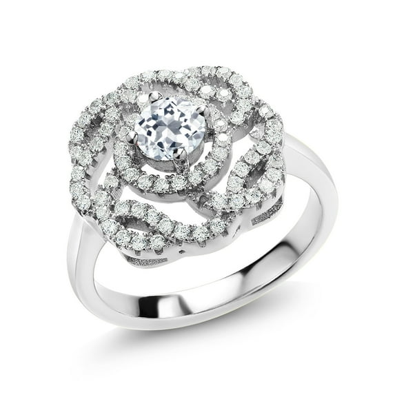 Gem Stone King 925 Sterling Silver Round White Topaz Flower Blossom Ring for Women (1.63 Cttw, Gemstone November Birthstone, Size 9)