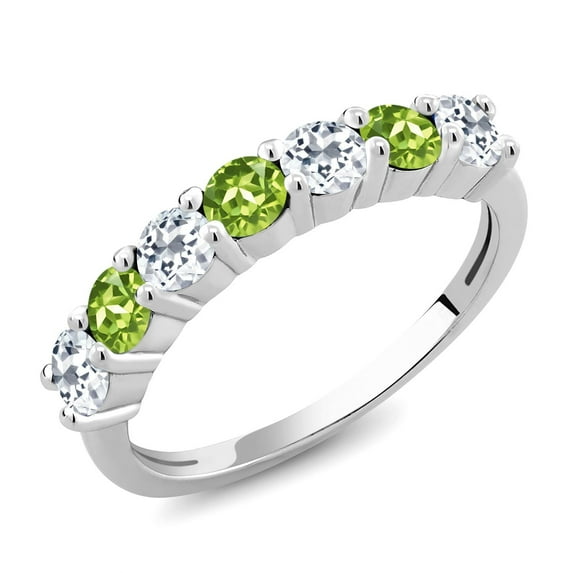 Gem Stone King 925 Sterling Silver Round White Topaz Green Peridot Anniversary Ring for Women (1.49 Cttw, Gemstone Birthstone, Size 8)
