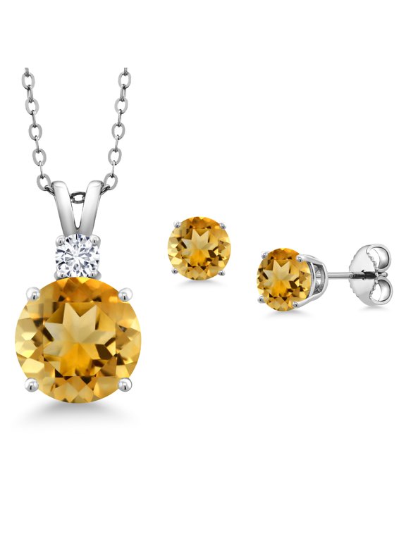 925 Sterling Silver Round Yellow Citrine and G-H Lab Grown Diamond Pendant and Earrings Jewelry Set for Women (5.14 Cttw, Gemstone Birthstone, with 18 inch Chain)