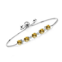 Gem Stone King 925 Sterling Silver Round Yellow Citrine and White Topaz Tennis Bracelet for Women (3.97 Cttw, Gemstone Birthstone, Fully Adjustable up to 9 inch)