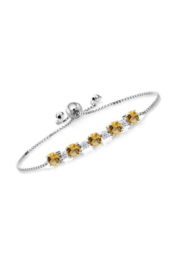 925 Sterling Silver Round Yellow Citrine and White Topaz Tennis Bracelet for Women (3.97 Cttw, Gemstone Birthstone, Fully Adjustable up to 9 inch)