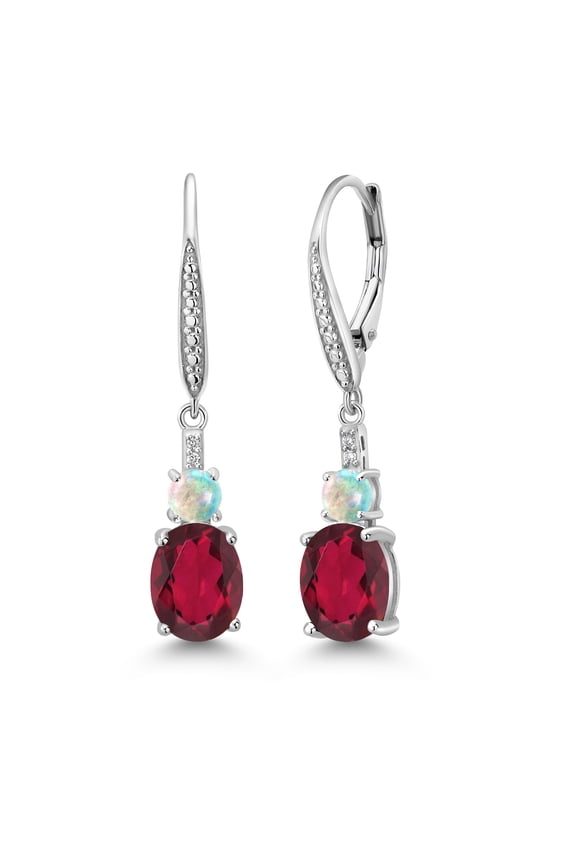 925 Sterling Silver Ruby Red Mystic Quartz and White Opal Dangle Earrings for Women with Lab Grown Diamond (4.13 Cttw, Oval 9X7MM)