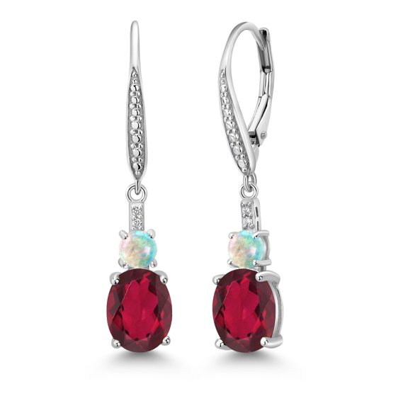 Gem Stone King 925 Sterling Silver Ruby Red Mystic Quartz and White Opal Dangle Earrings for Women with Lab Grown Diamond (4.13 Cttw, Oval 9X7MM)