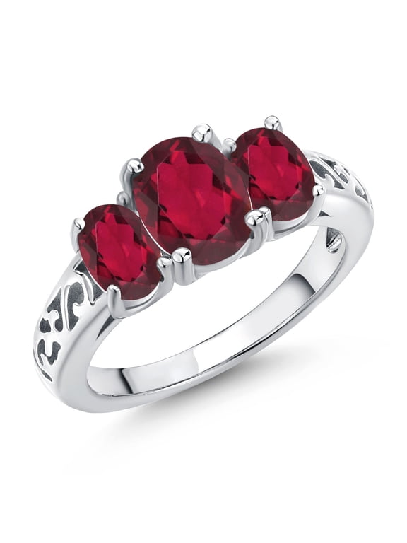 2.30 Cttw Ruby Red Mystic Topaz Filigree Style 3-Stone Ring for Women | 925 Sterling Silver | Oval 8X6MM and 6X4MM | Three Stone Wedding Engagement Anniversary Ring for Women | Size 8