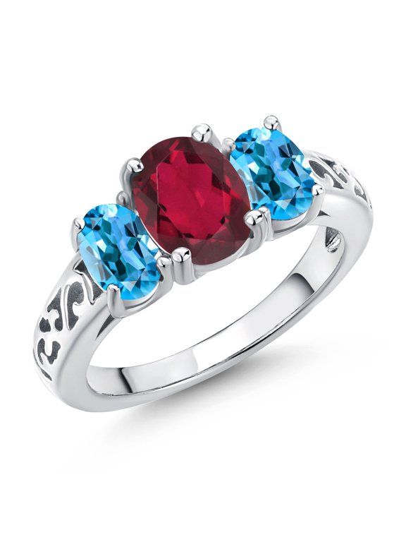 925 Sterling Silver Ruby Red Mystic Topaz and Swiss Blue Topaz Filigree Style 3 Stone Ring for Women (2.40 Cttw, Oval 8X6MM and 6X4MM) (Size 5)
