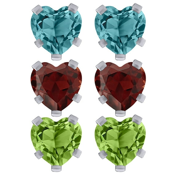Gem Stone King 925 Sterling Silver Set of 3 Blue Topaz Garnet Peridot Stud Earring Set 5X5MM Each 3.50 Total Carat