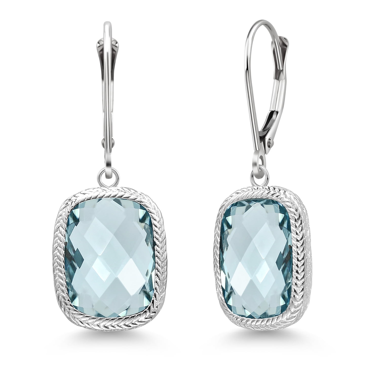 Gem Stone King 4.60 Cttw Simulated Aquamarine Leverback Dangle Earrings for Women | 925 Sterling Silver | 13X9MM Cushion Checkerboard Cut | Fine Jewelry Gifts for Women Mom Wife Her