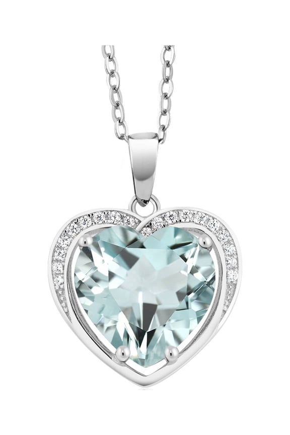 925 Sterling Silver Simulated Aquamarine Pendant Necklace for Women (3.00 Cttw, Heart Shape 10MM, With 18 inch Silver Chain)