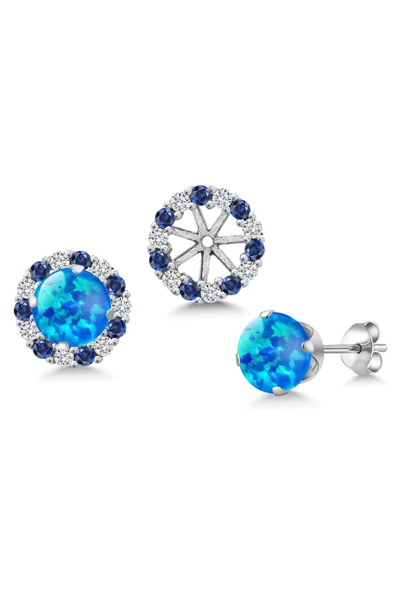 925 Sterling Silver Simulated Blue Opal Earrings with Jackets for Women | 0.60 Cttw | Gemstone October Birthstone | Round Cabochon 6MM