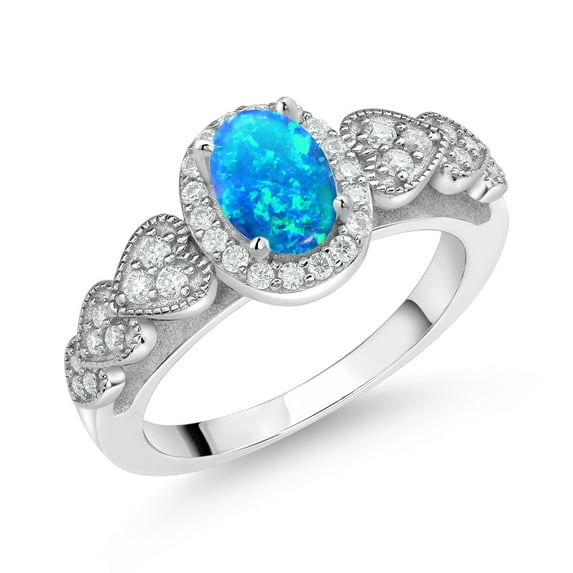 Gem Stone King 925 Sterling Silver Simulated Blue Opal and White Moissanite Engagement Ring for Women | 0.81 Cttw | Oval Cabochon 7X5MM | Gemstone October Birthstone | Size 5
