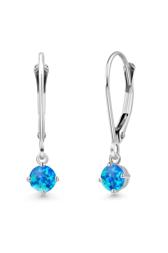 925 Sterling Silver Simulated Blue Opal and Dangle Earrings for Women | 0.50 Cttw | Gemstone October Birthstone | Round Cabochon 4MM