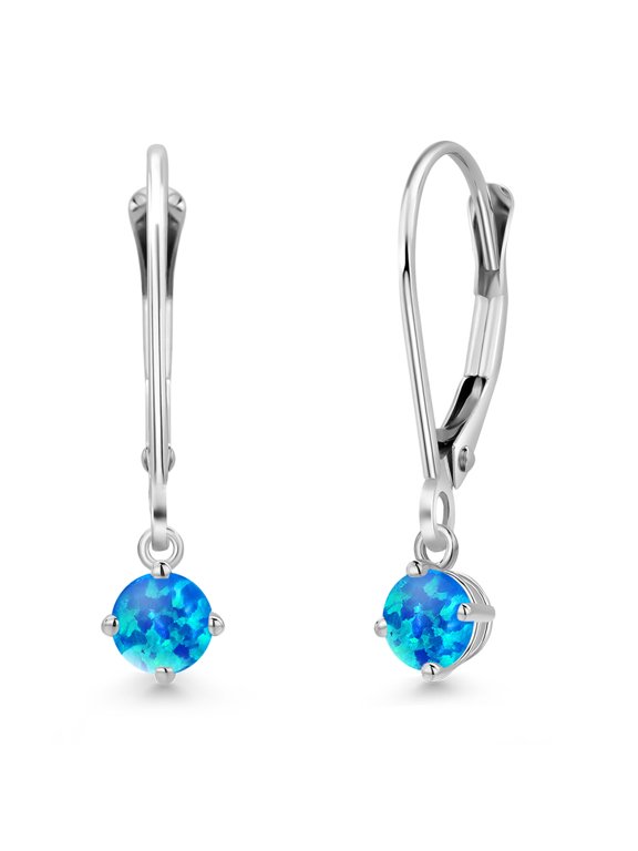 925 Sterling Silver Simulated Blue Opal and Dangle Earrings for Women | 0.50 Cttw | Gemstone October Birthstone | Round Cabochon 4MM