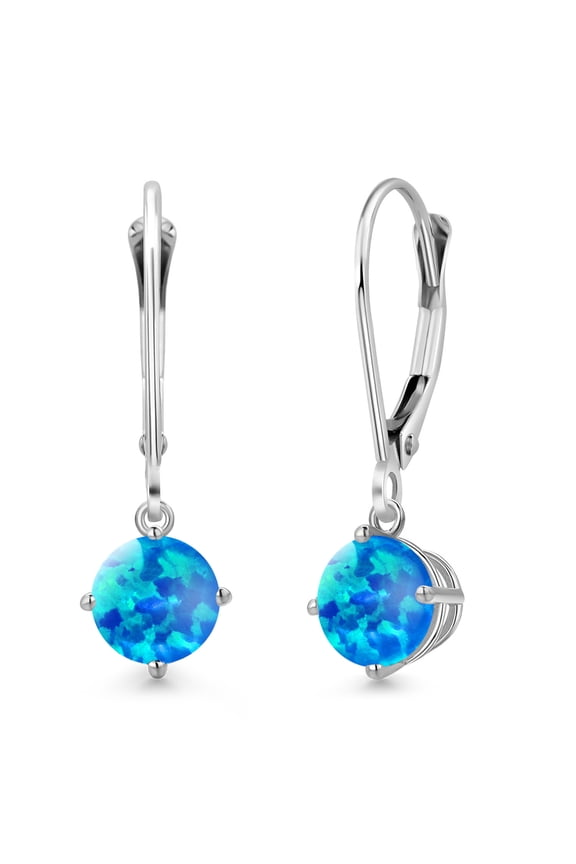 925 Sterling Silver Simulated Blue Opal and Dangle Earrings for Women | 0.60 Cttw | Gemstone October Birthstone | Round Cabochon 6MM
