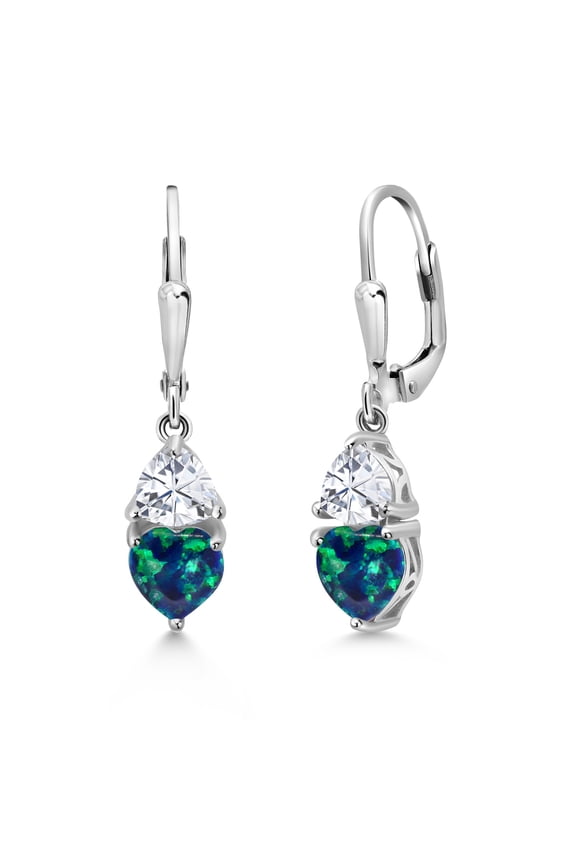 925 Sterling Silver Simulated Green Opal and  White Moissanite Dangle Leverback Earrings for Women (2.44 Cttw, Gemstone October Birthstone, Heart Shape 6MM, Trillion 5MM)