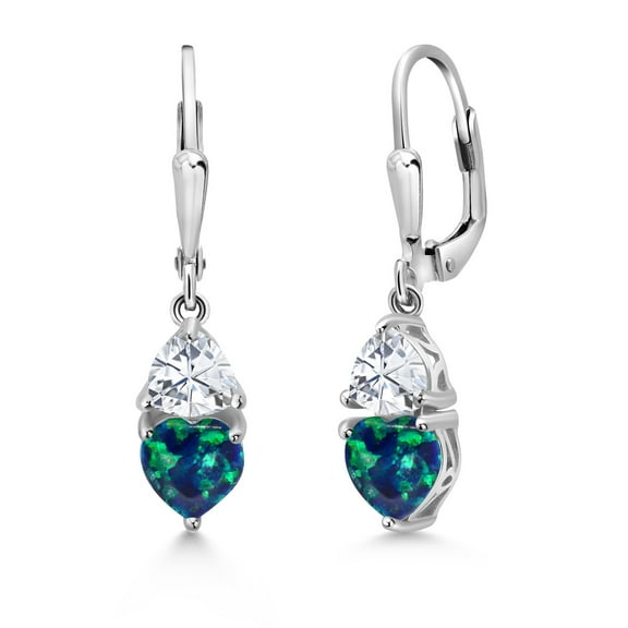 Gem Stone King 925 Sterling Silver Simulated Green Opal and White Moissanite Dangle Leverback Earrings for Women (2.44 Cttw, Gemstone October Birthstone, Heart Shape 6MM, Trillion 5MM)