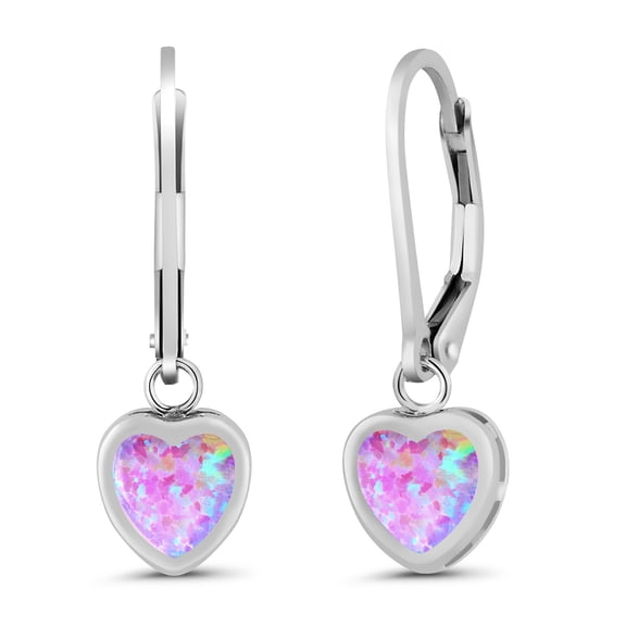 Gem Stone King 925 Sterling Silver Simulated Pink Opal Leverback Earrings for Women | 1.50 Cttw | Gemstone October Birthstone | 6MM Heart Shape