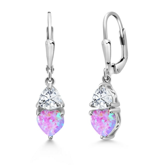 Gem Stone King 925 Sterling Silver Simulated Pink Opal and White Moissanite Dangle Leverback Earrings for Women (2.44 Cttw, Gemstone October Birthstone, Heart Shape 6MM, Trillion 5MM)
