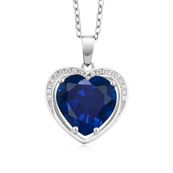 Gem Stone King 925 Sterling Silver 4.20 Ct Heart Shape Simulated Sapphire Pendant Necklace With 18 inch Chain (10MMX10MM Center)