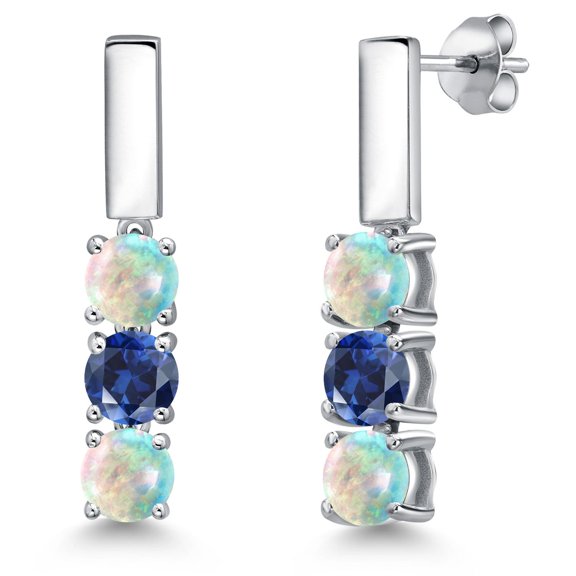 Gem Stone King 925 Sterling Silver Simulated White Opal and Blue Created Sapphire Drop Dangle Earrings for Women | 1.60 Cttw | Gemstone October Birthstone | Round Cabochon 5MM