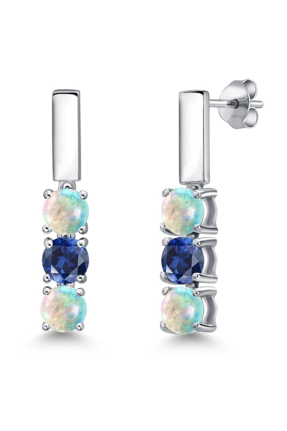925 Sterling Silver Simulated White Opal and Blue Created Sapphire Drop Dangle Earrings for Women | 1.60 Cttw | Gemstone October Birthstone | Round Cabochon 5MM