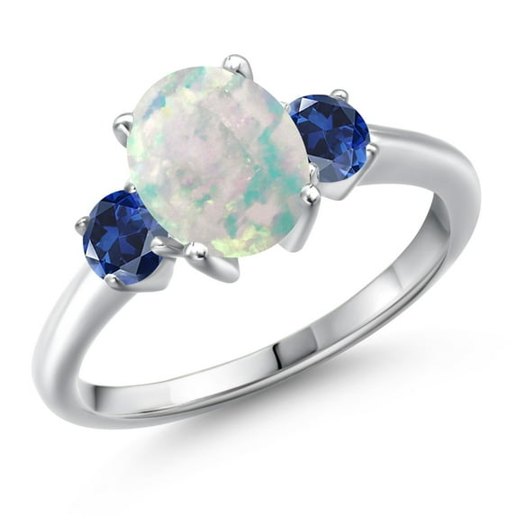Gem Stone King 925 Sterling Silver Simulated White Opal and Blue Created Sapphire Engagement Ring for Women | 1.50 Cttw | Oval Cabochon 9X7MM | Gemstone October Birthstone | Size 9
