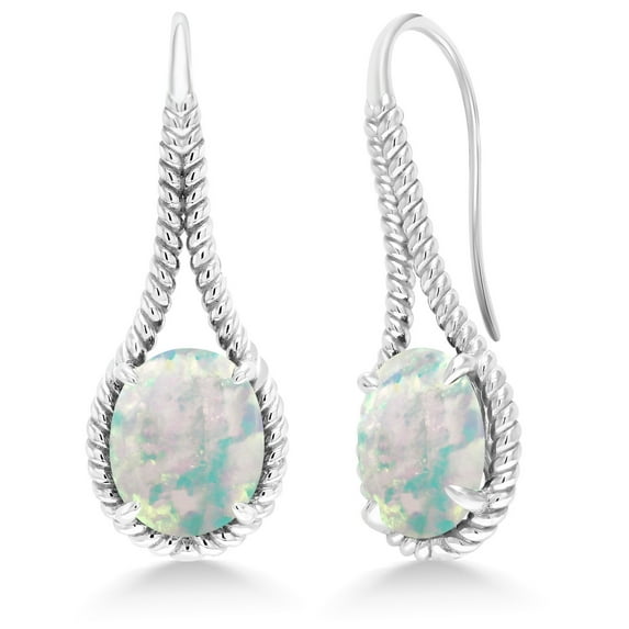 Gem Stone King 925 Sterling Silver Simulated White Opal Drop Dangle Earrings for Women | 8.00 Cttw | Gemstone October Birthstone | Oval Cabochon 12X10MM | 1.18 inch