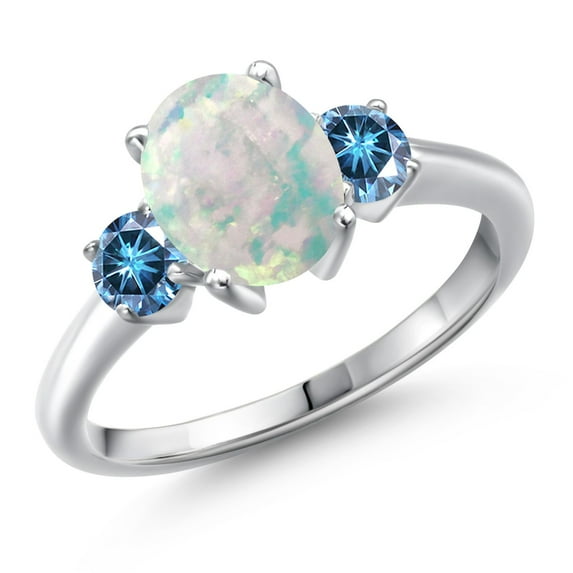 Gem Stone King 925 Sterling Silver Simulated White Opal and Persian Blue Moissanite Engagement Ring for Women | 1.46 Cttw | Oval Cabochon 9X7MM | Gemstone October Birthstone | Size 9