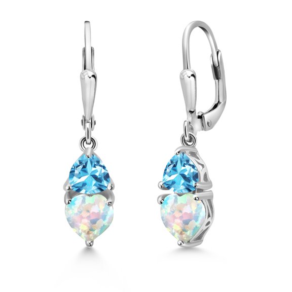 Gem Stone King 925 Sterling Silver Simulated White Opal and Swiss Blue Topaz Dangle Leverback Earrings for Women (2.66 Cttw, Gemstone October Birthstone, Heart Shape 6MM, Trillion 5MM)
