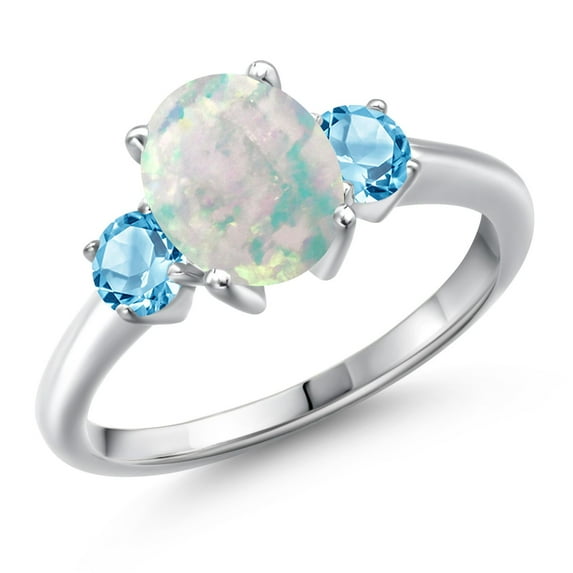 Gem Stone King 925 Sterling Silver Simulated White Opal and Swiss Blue Topaz Engagement Ring for Women | 1.71 Cttw | Oval Cabochon 9X7MM | Gemstone October Birthstone | Size 6