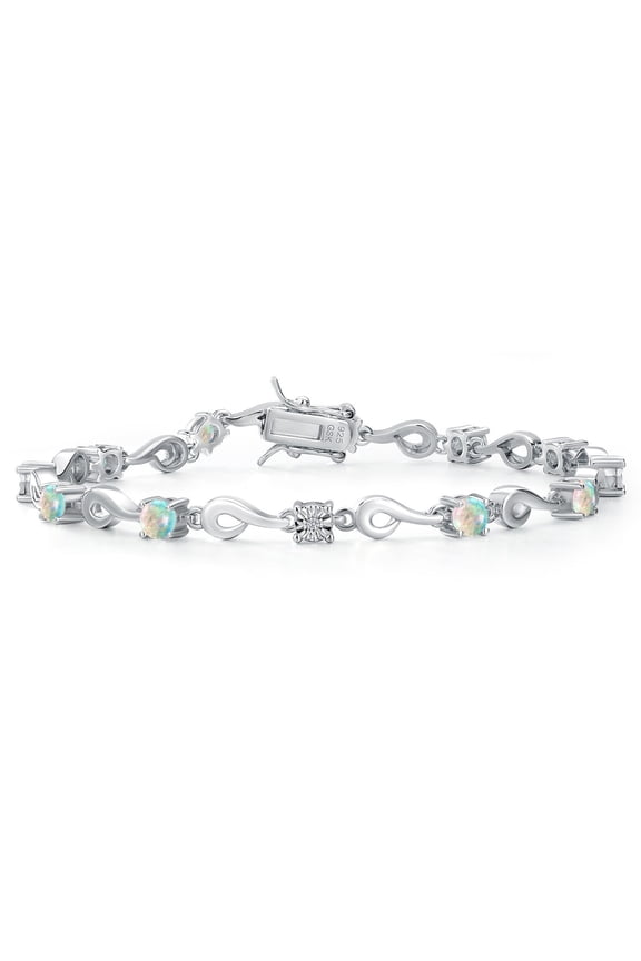 925 Sterling Silver Simulated White Opal and White Lab Grown Diamond Bracelet for Women (2.27 Cttw, Gemstone October Birthstone, Round Cabochon 4MM, 7.5 inch)