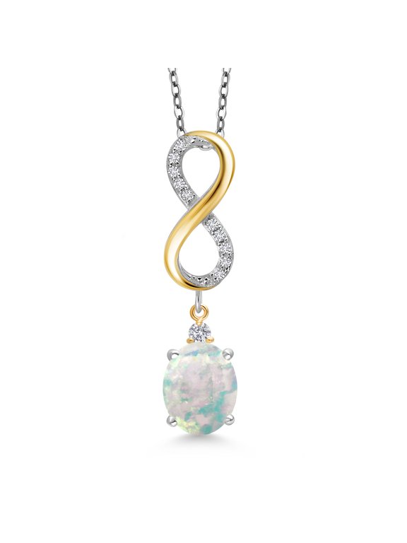 925 Sterling Silver Simulated White Opal and White Lab Grown Diamond Pendant Necklace for Women | 1.77 Cttw | Gemstone October Birthstone | Oval Cabochon 10X8MM | With 18 inch Chain