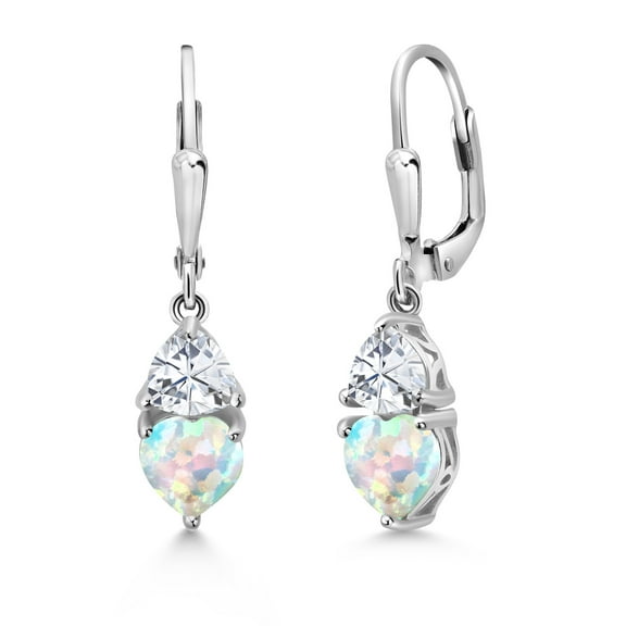 Gem Stone King 925 Sterling Silver Simulated White Opal and White Moissanite Dangle Leverback Earrings for Women (2.44 Cttw, Gemstone October Birthstone, Heart Shape 6MM, Trillion 5MM)