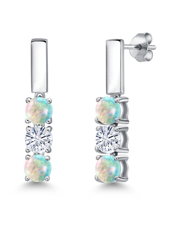925 Sterling Silver Simulated White Opal and White Moissanite Drop Dangle Earrings for Women | 1.50 Cttw | Gemstone October Birthstone | Round Cabochon 5MM