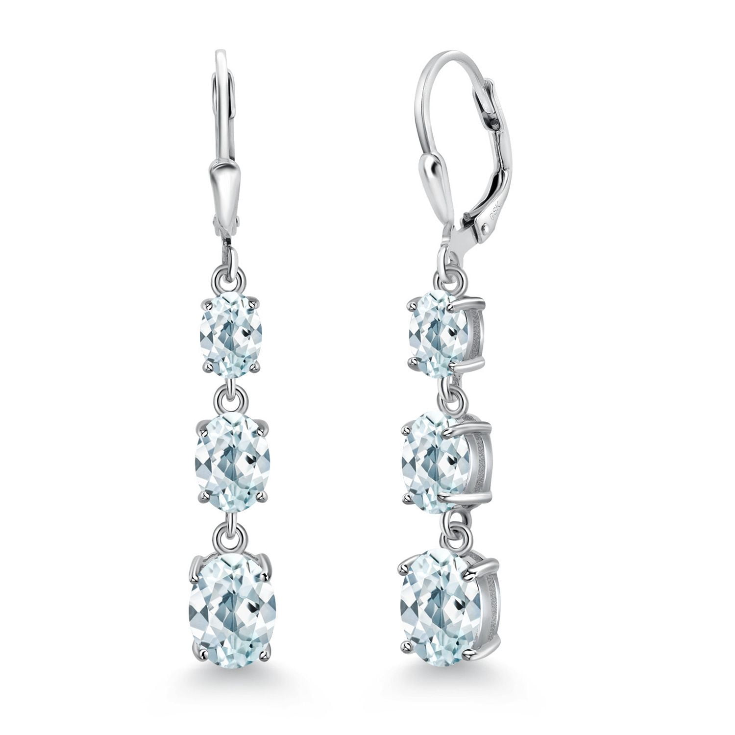 Gem Stone King 925 Sterling Silver Sky Blue Aquamarine 3 Stone Dangle Earrings for Women (4.90 Cttw, Gemstone March Birthstone, Oval 8X6MM, 7X5MM and 6X4MM)