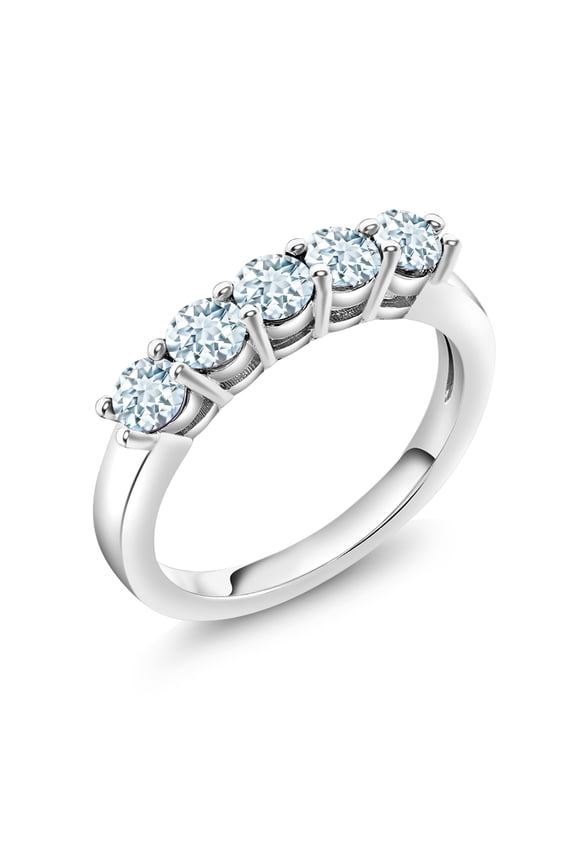 925 Sterling Silver Sky Blue Aquamarine 5-Stone Wedding Anniversary Band Ring for Women (0.85 Cttw, Gemstone March Birthstone, Size 5)